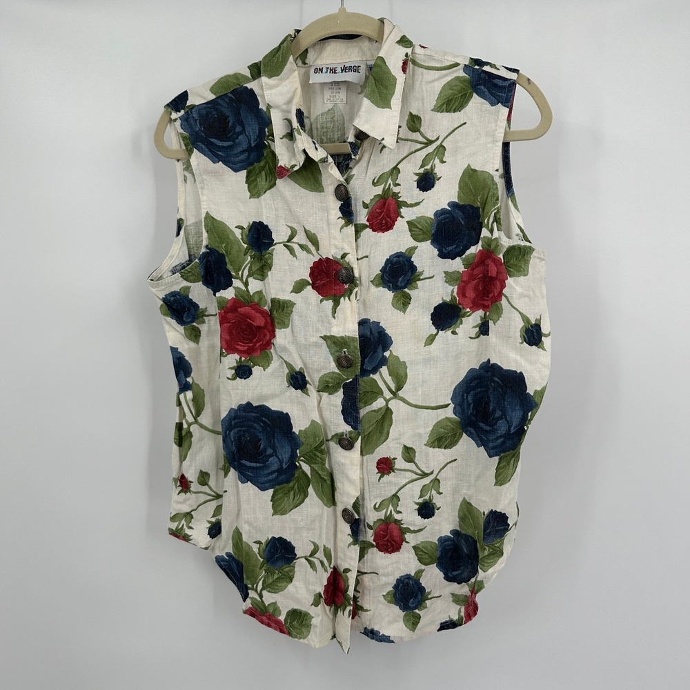 Womens Vintage Shabby Chic Linen Top Size L Floral Cottagecore Botanical Garden